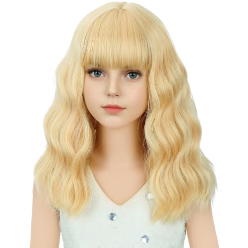 Image of Light Blonde Wig Short Blonde Wavy Curly Wigs Wig with Air Bangs Synthetic Cosplay Hair Wigs