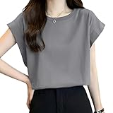 [PALAME] Tシャツ レディース フレンチスリーブ 【甘い雰囲気・着痩せ効果・肌ざり良い】 フレンチスリーブTシャツ ノースリーブ トップス 半袖 ゆったり 細身 柔らか おしゃれ 透けない 可愛い カジュアル 通勤 デート 夏 (JP, アルファベット, M, グレー)
