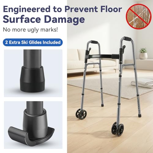 Image of Folding Walker for Seniors with Basket：Standard Walkers for Seniors Elderly | Lightweight Aluminum Rolling Walker with 4 x 5 inch Front Wheels, Storage Bag & Ski Glides 8 Height Adjustments, 350lbs Capacity