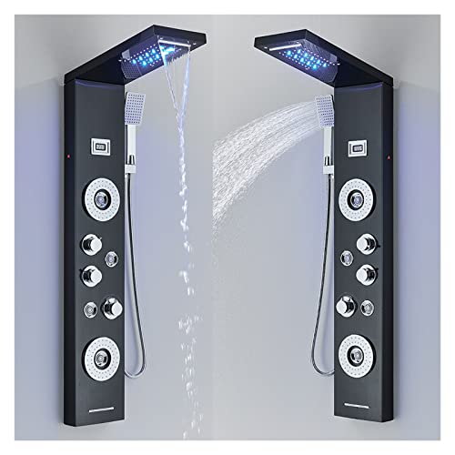 Panel de ducha negro con luz LED, cascada, ducha de lluvia, grifo mezclador y columna de masaje con pantalla de temperatura (9006x Negro cepillado) miniatura 2