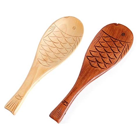 LARATH 2 Pieces Wood Rice paddle Non-stick Fish Shaped Rice Spoon Hand-Carved Wooden Service Scoop Shovel Cooking Tableware for Home Kitchen Utensils Cover