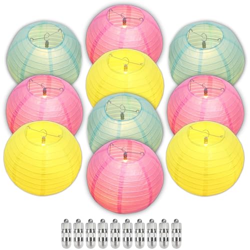 Image of Pastel Chinese Paper Lanterns with LED Lights, 10-Pack 10inch | Hanging Lights for Easter, Classroom Decor, Birthday Decorations, Ceiling Decor, Home Party & Spring Party