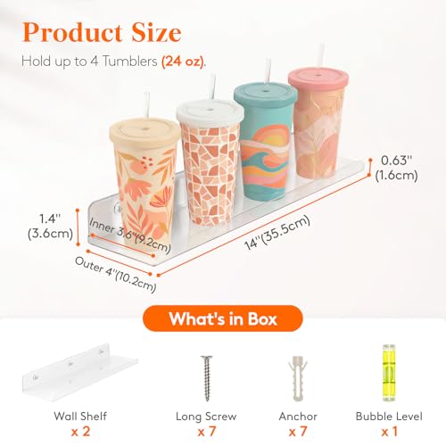Image of Lifewit Acrylic Floating Shelves for Bathroom 14 inch Clear, 2 Pack | Wall Mounted Display Shelf for Makeup, Skincare, Nail Polish, Book, Perfume Organizer for Bedroom, Living Room, Nursery Decor