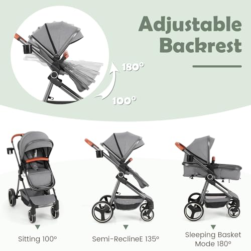 Image of INFANS 2 in 1 Baby Stroller, Newborn Convertible Stroller Bassinet for Infant, Foldable High Landscape Shock Absorption with Reversible Seat, Aluminum Structure for Toddler Pushchair 0-36 Month