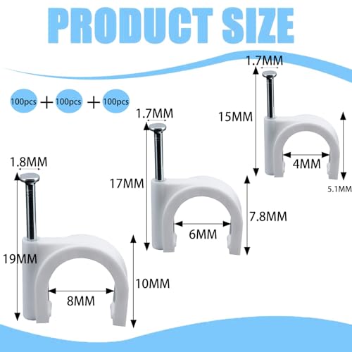 300 stück 3 Größen nagelschellen, kabelhalter, kabelschellen, kabelklemmen, kabelbefestigung, kabelhalter wand, haftclips mit eingestecktem nagel, für Starkstromkabel(weiß, 4mm, 6mm, 8mm)