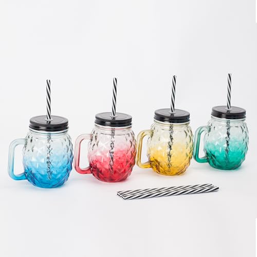 Relaxdays Bicchieri in Vetro con Coperchio, Cannuccia, Manico, Design Ananas, Chiusura a Vite, Set 4x500ml, Multicolore