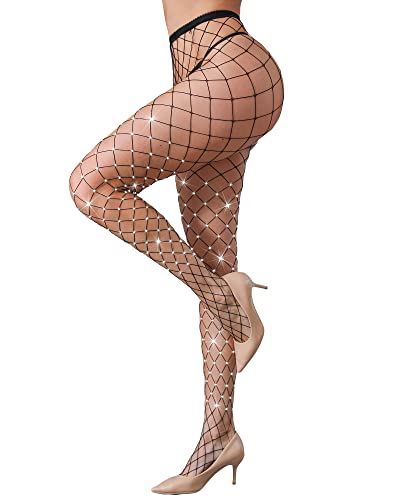 Image of CHRLEISURE Women's Sparkle Rhinestone Fishnets, Sexy Sparkly Glitter Party Concert Outfit Fishnet Stockings