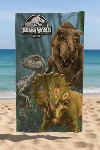 SkyBrands Jurassic World Kinder Duschtuch 70x140 cm - 100% Baumwolle Badetuch - Weich & Atmungsaktiv - Ideal für Strand, Pool & Badezimmer - Dino-Motiv für Jungen & Mädchen