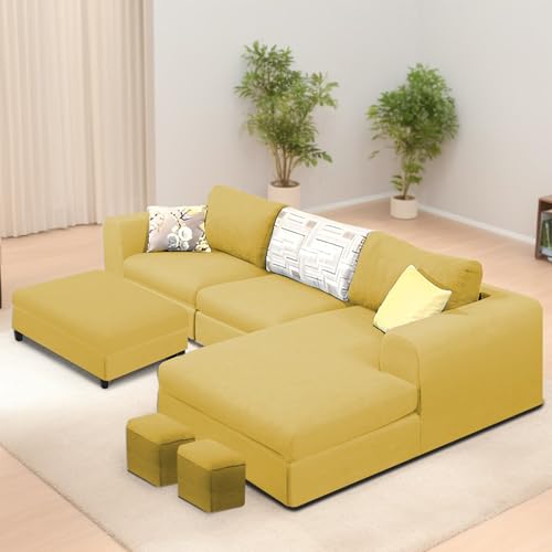 Image of Koza RHS 4 Seater L Shape Sofa Set with Center Table for Living Room (Yellow Fabric) Premium Fabric Sofa