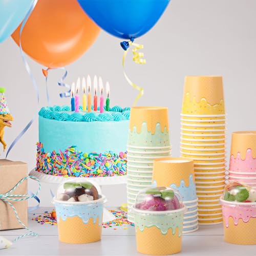Image of Jingmore 80 Count Paper Ice Cream Cups with Clear Dome Lids Disposable Dessert Cups Bulk Dessert Bowls Sundae Containers for Snack Yogurt Soup Birthday Ice Cream Party Supplies (6 oz)