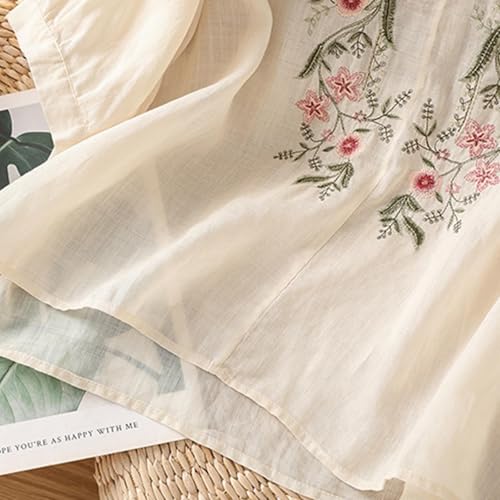 Cotton Tops for Women Embroidered Linen Gauze Shirts Dressy Peasant Blouses Beige L - image 5