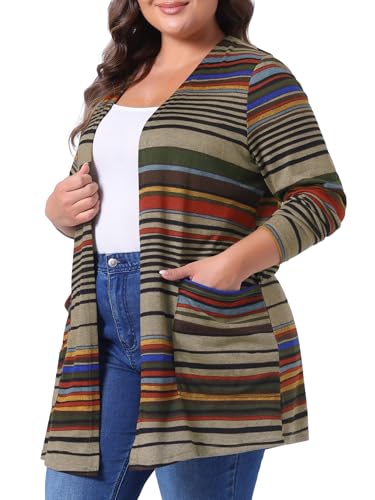 Image of Agnes Orinda Plus Size Cardigan for Women Open Front Long Sleeve Contrast Color Stripe with Pocket Cardigans