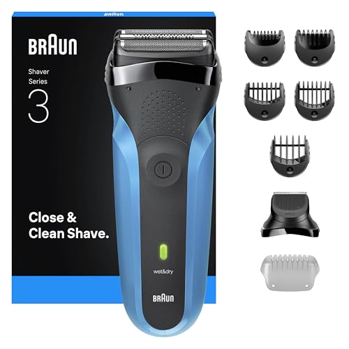 Braun Series 3 Rasierer Herren Elektrisch, Elektrorasierer mit 3 Flexible Klingen, Rasierapparat, Barttrimmer Aufsatz, +5 Kammaufsätze, Nass- & Trockenrasierer für Männer, 310BT, Blau