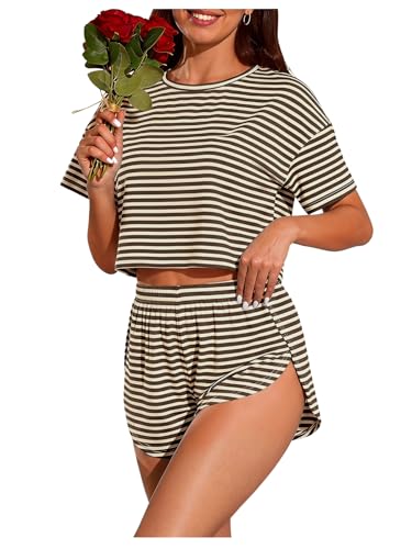 Image of OYOANGLE Womens Pajama Sets 2 Piece Sexy Lounge Sets Summer Cute Pjs Striped Print Tee and Side Split Shorts Set