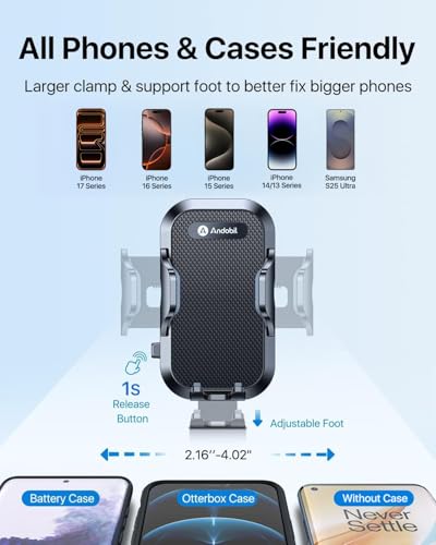 andobil 2026 Military-Grade Car Phone Holder [Upgraded Strongest Suction & Clip] Phone Holders for Your Car, Dashboard Windshield Vent Car Phone Mount for iPhone 17 Pro Max 16 15 14 13 12 Android