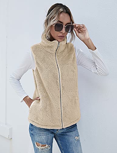 Raphin Weste Damen Outdoor Casual Leicht Ärmellos Daunenjacke Damen Einfarbig Elegant Mode Kunstfell Weste Mit Taschen(Khaki,L)