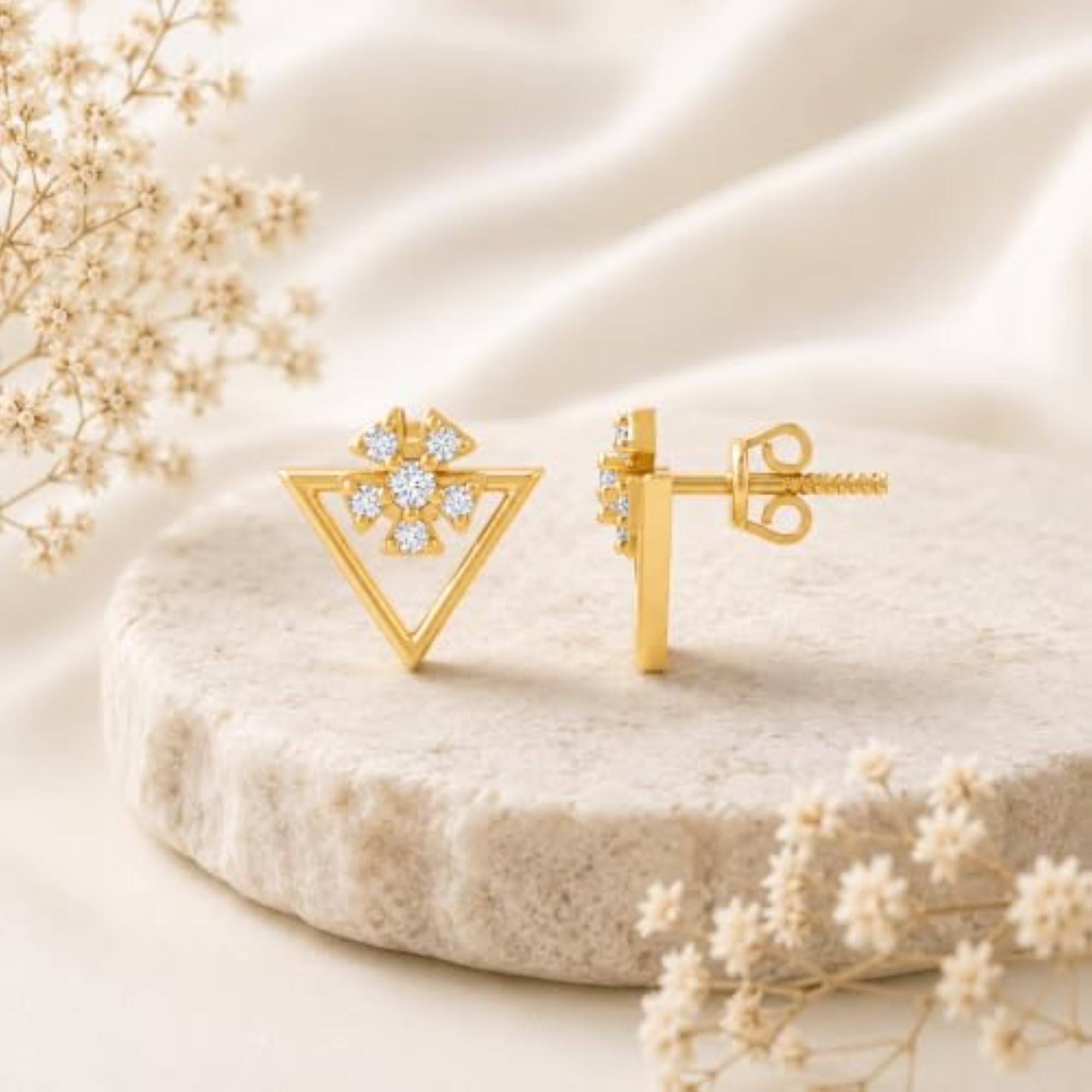 Women's 925 Sterling Silver Rhodium Plated Geometric Triangle Floral Stud Earrings
