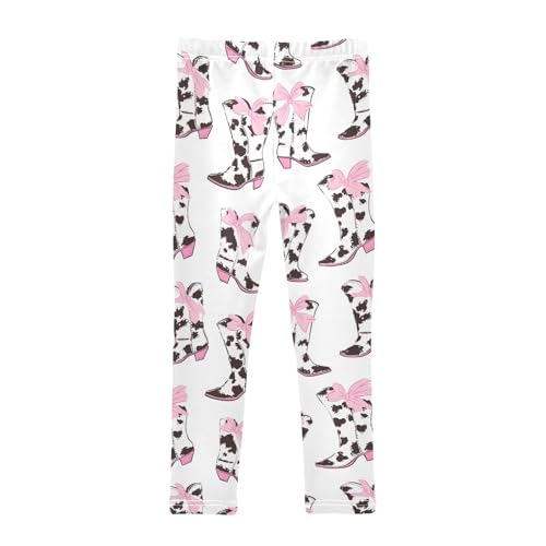 Wusikd Cow Print Cowboy Boots Girls' Leggings Toddler Doodles Pink Bows Kids Yoga Pants Dance Active Tights 4T2