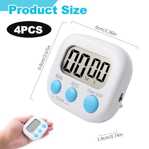 4PCS Digital Kitchen Timers Multifunctional with Magnetic Back Big Digital Numbers Loud Alarm and Versatile Countdown and Stopwatch for Cooking Homework Fitness Classroom and Office White - Image 3