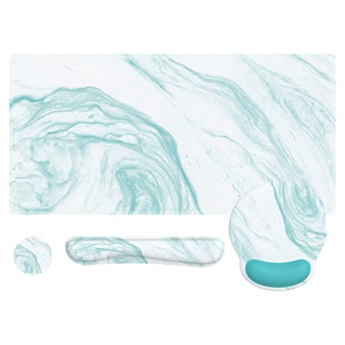 Ileadon Keyboard Mouse Pad Set, Large Gaming Mouse Pad + Keyboard Wrist Rest + Mouse Pad With Wrist Support + Coaster, Easy Typing Pain Relief, 4In1 Desk Mat Set For Home Office, Teal Turqoise Marble #TOP7