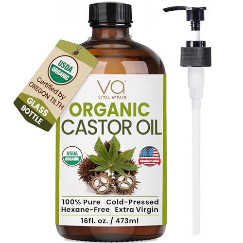 VITAL AFFAIR Pure Castor Oil Organic Cold Pressed Unrefined Glass Bottle-USDA Certified for Castor Oil Pack Wrap for Face,Hair Growth,Eyelashes,Eyebrows-16oz