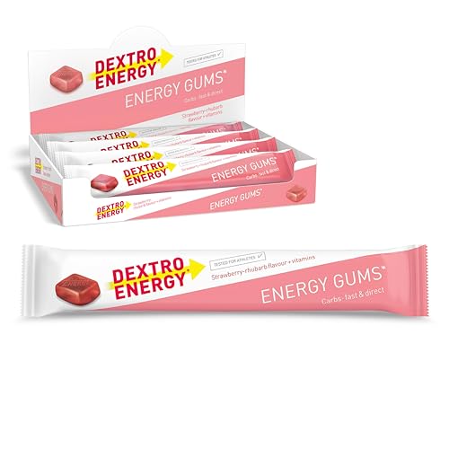 Dextro Energy Gums Strawberry Rhababer + Vitamins - 8x45g (8er Pack) High Carb Sport Gummies zur schnellen Kohlenhydrate Versorgung