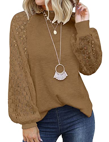 DEARCASE Camisetas Manga Larga Mujer Casual Recortado Encaje Long-Sleeve T-Shirt Cuello Redondo Amarillo L Cover