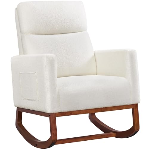Image of Yaheetech Boucle Living Room Chair, Modern Upholstered Rocking Accent Chair, Glider Chair Nursery Chair with Side Pocket and High Back Armchair for Living Room Bedroom Lounge, Ivory