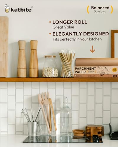 Katbite 12in x 262ft Unbleached Parchment Paper Roll, 260 Sq.Ft, Balanced Series, Non-Stick, Extra Long Parchment Baking Paper with Portable Serrated Cutter for Baking, Cooking [Balanced Series]