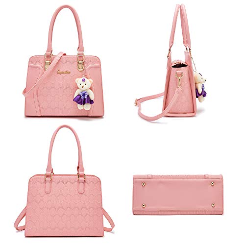 Image of Women's Fashion Handbag Tote Bag Shoulder Top Handle Satchel Purse Set 4pcs | Stylish Style,Chain Texture Design,Ample Space,Bear Doll Decoration,with a Crossbody Strap