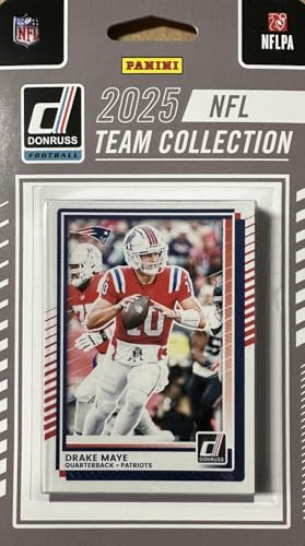 New England Patriots 2025 Donruss Factory Sealed Team Set Featuring a Drake Maye 2nd Year Card and Stefon Diggs with Kyle Williams, TreVeyon Henderson and Will Campbell Rated Rookie Cards Plus