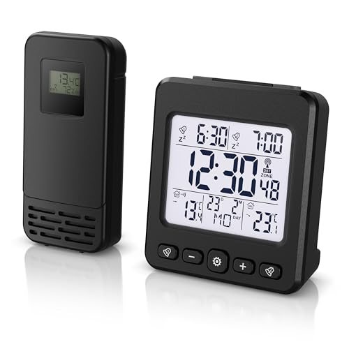 CSL - Funkwecker digital - Funk Wetterstation Funk mit Außensensor - Innentemperatur und Außentemperatur - Funkwecker Funkuhr - 2 Alarmzeiten - LED Display