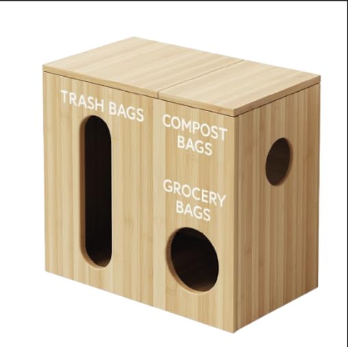 Trash Bag Holder Dispenser with 3 Compartments, Garbage Bag Holder Dispenser Made of Bamboo Trash Bag Organizer Dispenser with The Option of Hang It. (Original Bamboo Color)