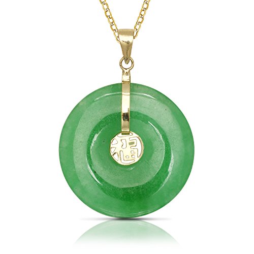 JewelryWeb 14k Yellow Gold Dyed Green Jade Circle Donut Pendant Necklace (20mm x 30mm)(3-Lengths) (No-Chain-Included)