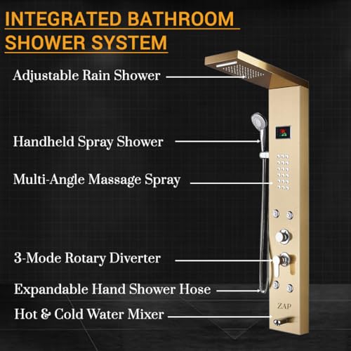 Image of ZAP X9 Gold Shower Panel System with LED Temperature Display | Rainfall Top Shower, Hand Shower, Body Massage Jets & Bucket Filler | Multi-Function Stainless Steel Bathroom Shower Unit