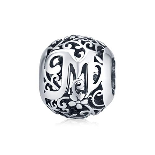 GDDX Sterling Silver Initial Vintage Letter M Charm to Fit Bracelet Necklace 26 Alphabet Beads for Women(Letter M)