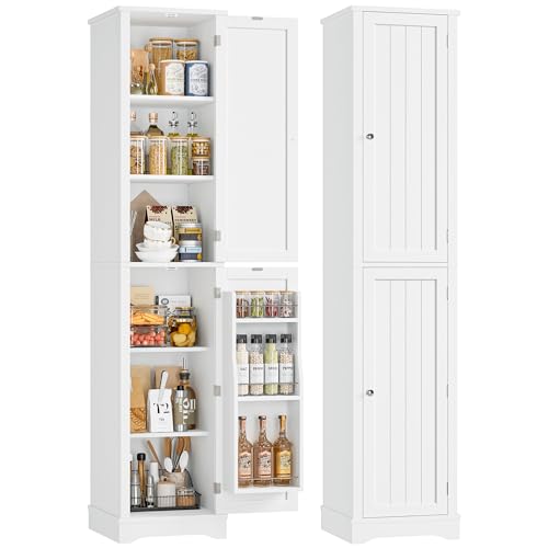 HIFIT 71' Tall Narrow Storage Cabinet with 2 Reversible Doors, Small Kitchen Pantry Cabinet with Adjustable Shelves & Spice Rack, Slim Storage Cabinets for Bathroom, Living Room, Entryway, White