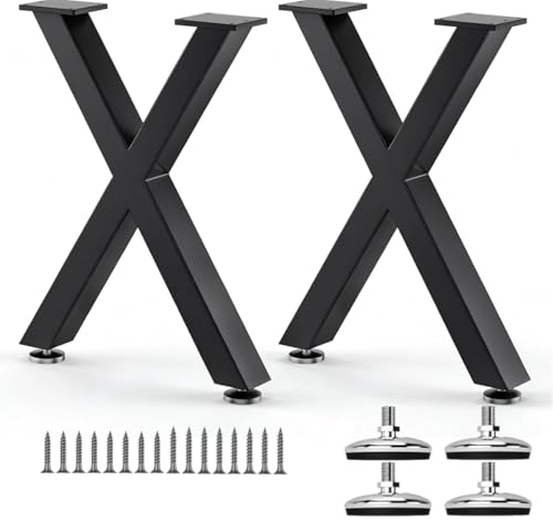 SNYXXOZ Coffee Table Legs 16H x 11.7W Heavy Duty Metal Bench Legs X- Shape Dining Table Kitchen Table Office Desk Table Base Replacement with Adjustable Feet Pads Screws 1000 LBS Load Black Set of 2