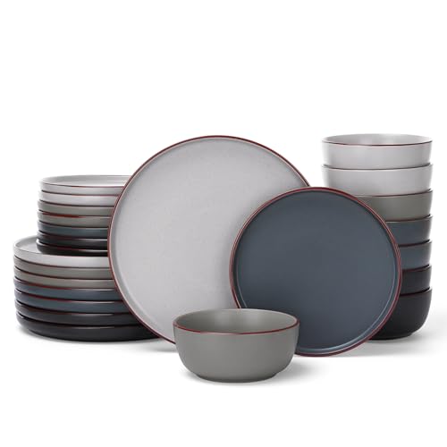 Image of Famiware Mercury 24 Pieces Dinnerware Sets, Plates and Bowls Sets for 8, Microwave and Dishwasher Safe Dish Set, Multi-color