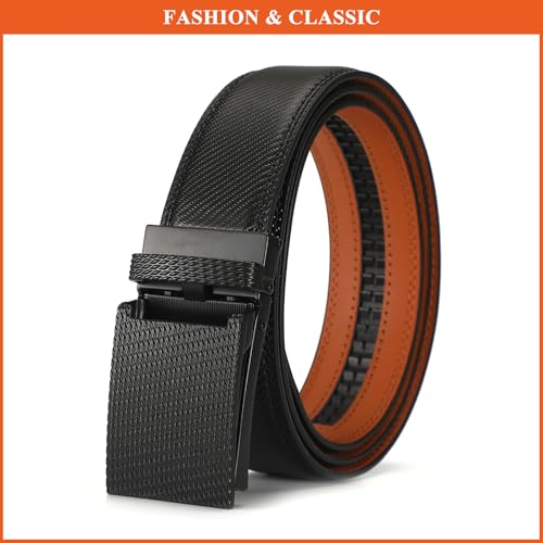 Men's Casual Business Belt Genuine Leather Solid Color Belts Ratchet Slide Waist Strap Adjustable Automatic Buckle3