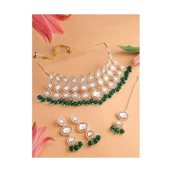 ZAVERI PEARLS Green Bead Austrian Diamonds Bridal Choker Necklace Earring Maangtikka Set For Women-ZPFK17312 - Image 5