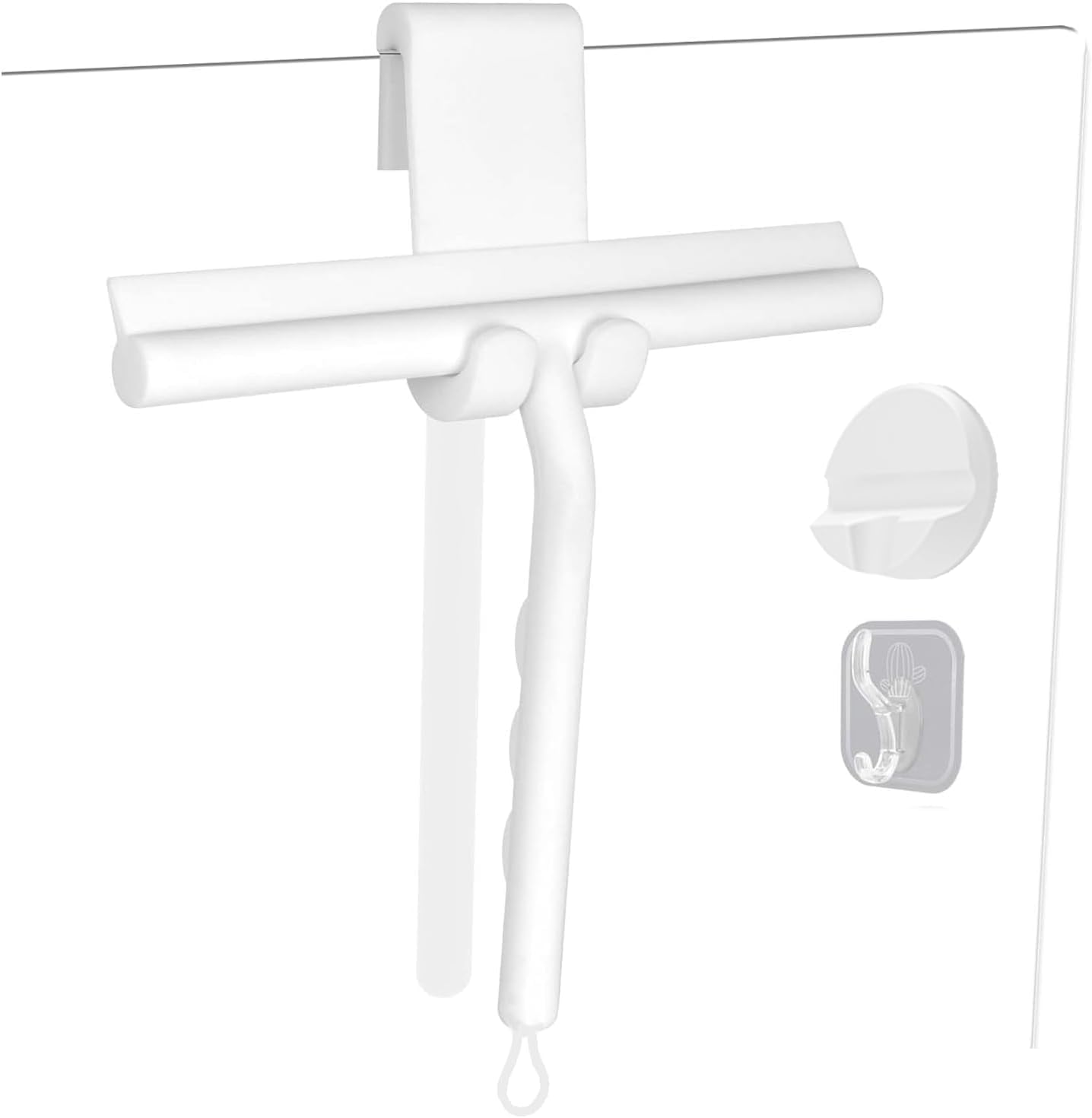 Squeegee for Shower Glass Doors, Resilient Loop - No-Drill &amp; Adhesive Hook, Silicone Shower Squeegee with Stainless Steel Core, Cleaning Tool for Home, Kitchen, Bathroom &amp; Car - White