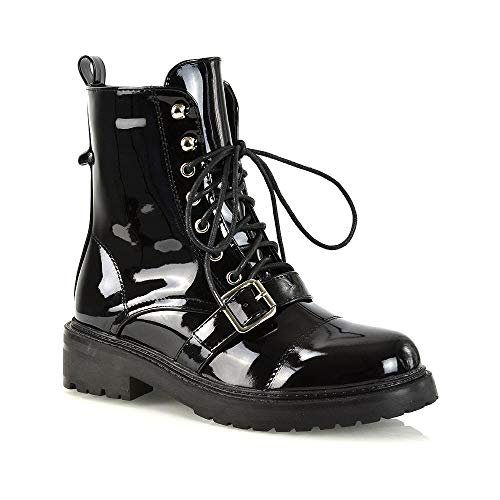 Image of ESSEX GLAM Womens Lace Up Ankle Boots Chunky Sole Ladies Buckle Strap Synthetic Leather Combat Biker Booties Siz