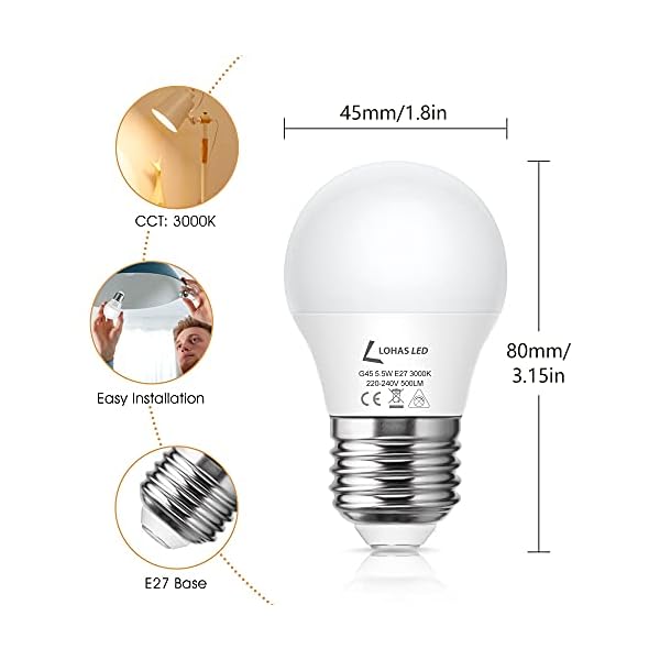 LOHAS E27 LED Lampe, 5.5W G45 LED Leuchtmittel, Ersatz für 40W Glühbirne, 3000K Warmweiß, 500LM, Nicht Dimmbar, 220-240V… – Bild 3