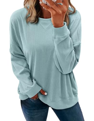 KISSMODA Womens Casual Long Sleeve Sweatshirts Color Block/Solid Tops Corduroy Crewneck Tunic Pullover with Pockets