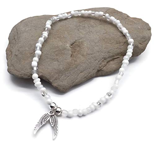 Angel Wings Charm Anklet - White Glass Seed Bead Mix With Silver Tone Charm - Size M 10 Inches #TOP1