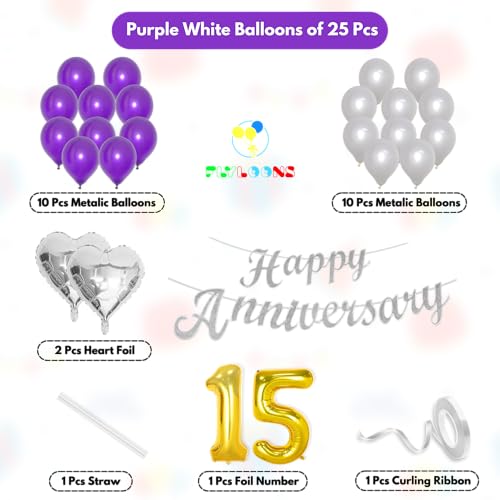 Image of Flyloons 15th Happy Anniversary Decoration Items Purple for Men Women Husband Wife Mom Dad Parent Couple Home Bedroom Car With 20 Pcs Metallic Balloons Anniversary Banner 2 Pcs Heart Set Kit