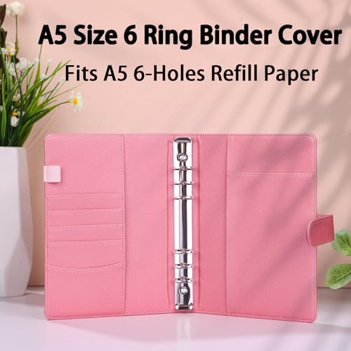 Image of Antner A5 Notebook Binder with 6 Ring Photocard Cover, PU Leather Refillable Budget Binder Loose Leaf Personal Organizer with Magnetic Buckle, Glitter Pink