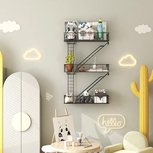 Image of Black Metal Fire Escape Wall Shelf, Unique Decorative Shelves for Wall, New York Shelf Ladder Storage, Funky Knick Knack Shelf Organizer, Industrial Wall Shelves for Bathroom,Living Room