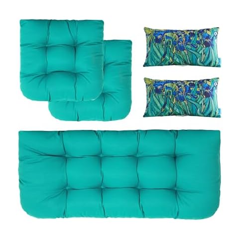 ARTPLAN Outdoor Cushions Loveseat All Weather Chair Cushions Bench Cushions Set of 5 Wicker Tufted Pillow for Patio Furniture, Teal Cover